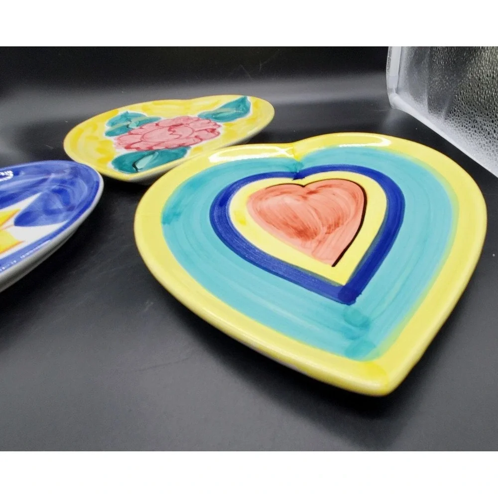 Set Of 3 Hand Painted Italian Pottery Heart Shaped Dish Flower Floral 10